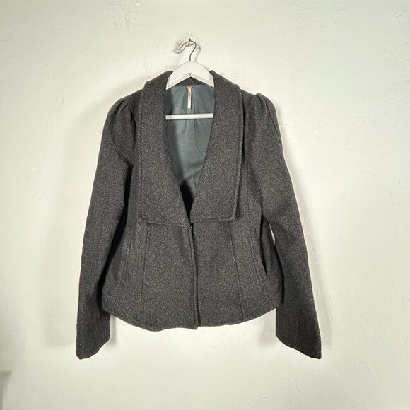 Free People Womens Gray Wool Blend Herringbone Jacket Blazer Work Size 10 Lined - Picture 1 of 10